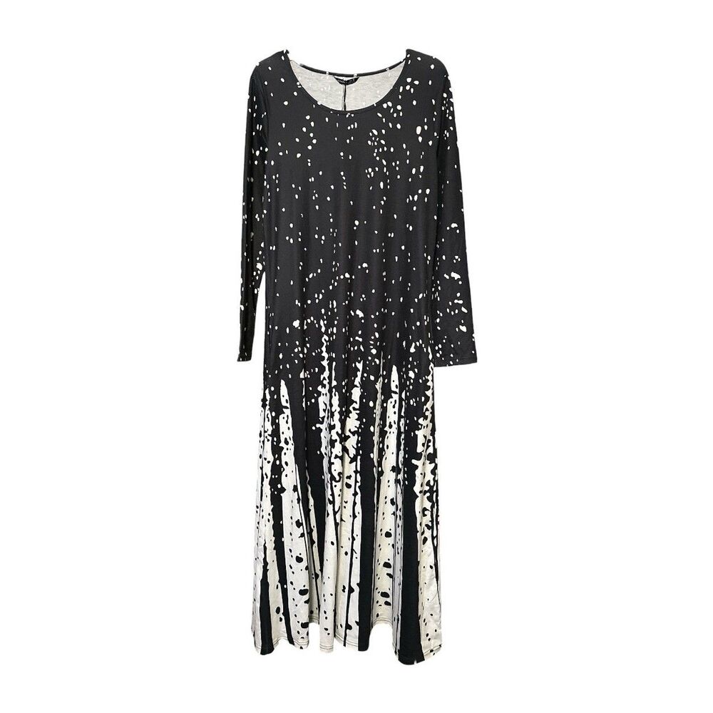 Noracora Black White Abstract Splatter Print Maxi Dress Long Sleeve Size M New
